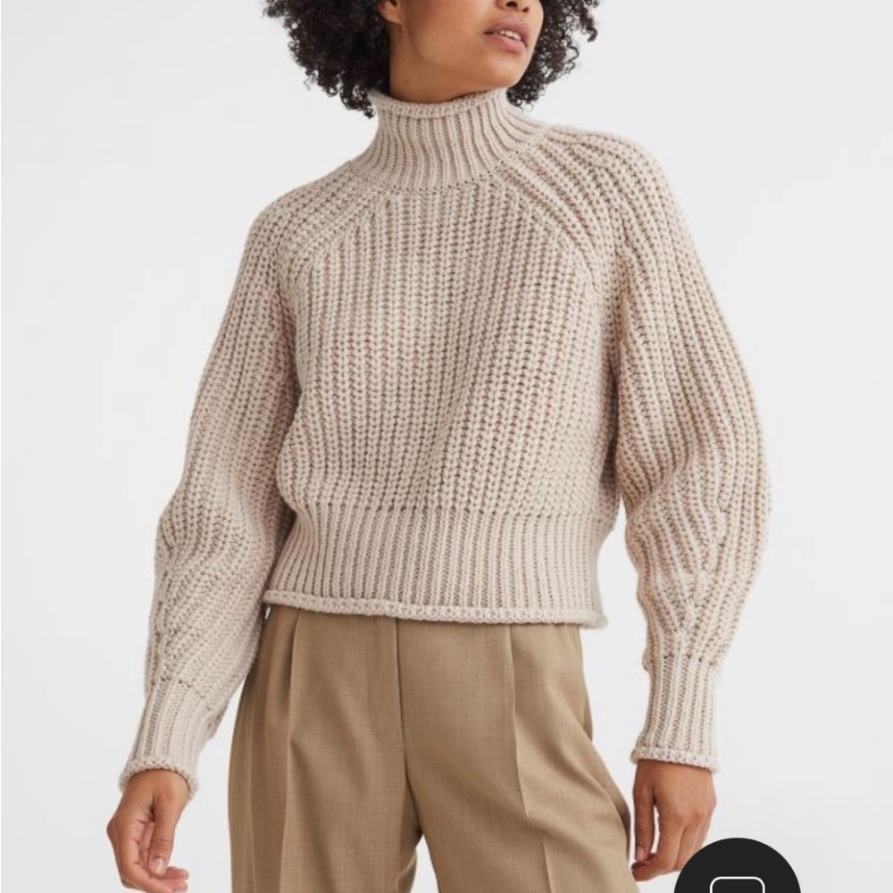 Beige Turtleneck Wool-Blend Knit Sweater